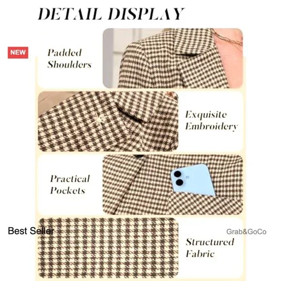 Plaid Blazer Embroidered Collar Houndstooth Business Casual Office Jacket - Picture 4 of 7